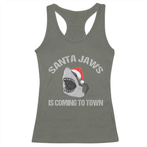 Funny Shark Christmas Racerback Tank Top Santa Jaws Is Coming Town TS10 Military Green Print Your Wear