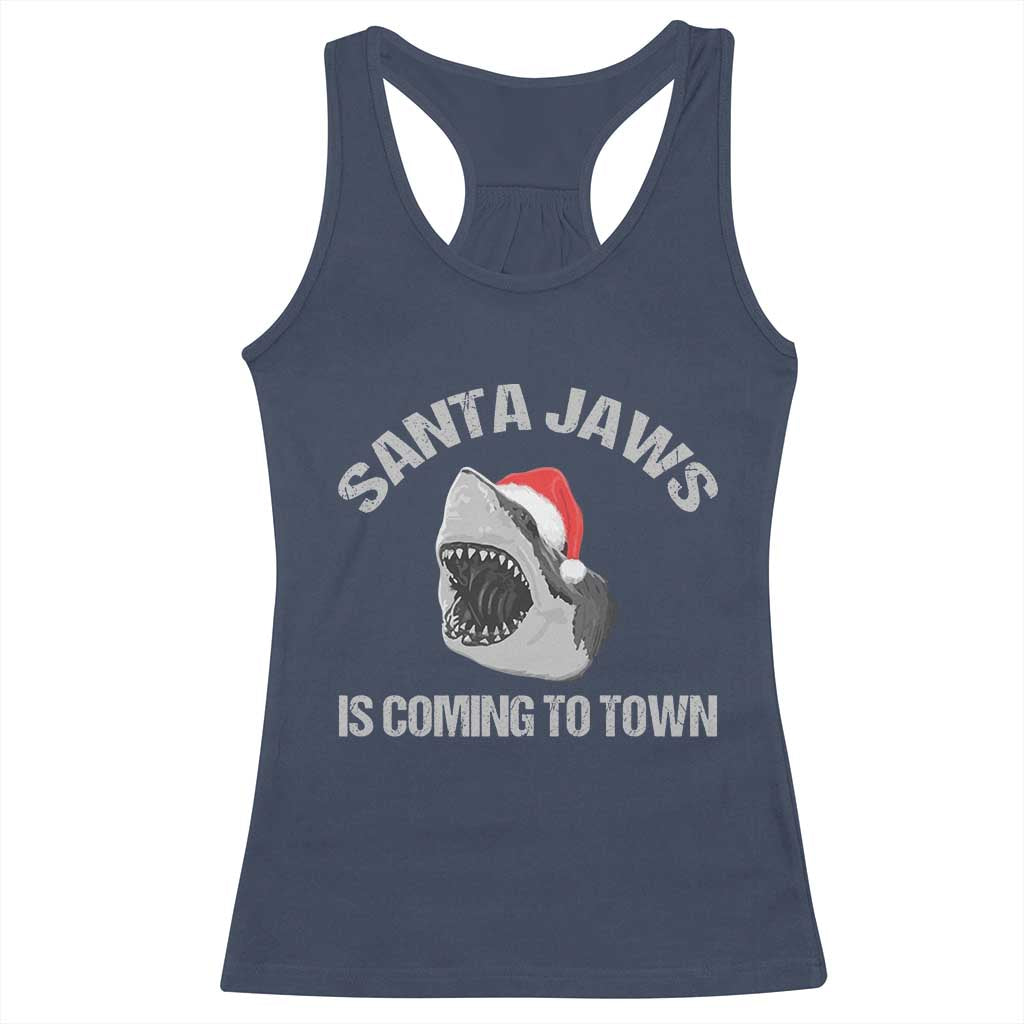 Funny Shark Christmas Racerback Tank Top Santa Jaws Is Coming Town TS10 Navy Print Your Wear