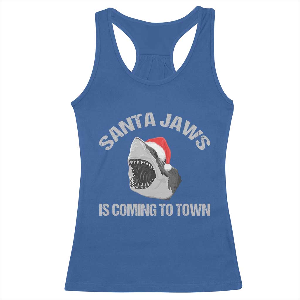Funny Shark Christmas Racerback Tank Top Santa Jaws Is Coming Town TS10 Royal Blue Print Your Wear