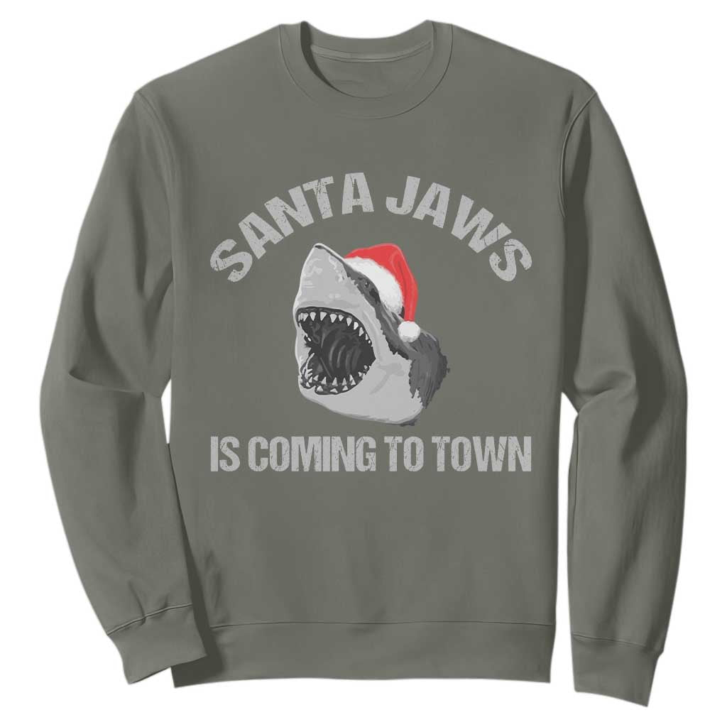 Funny Shark Christmas Sweatshirt Santa Jaws Is Coming Town TS10 Military Green Print Your Wear