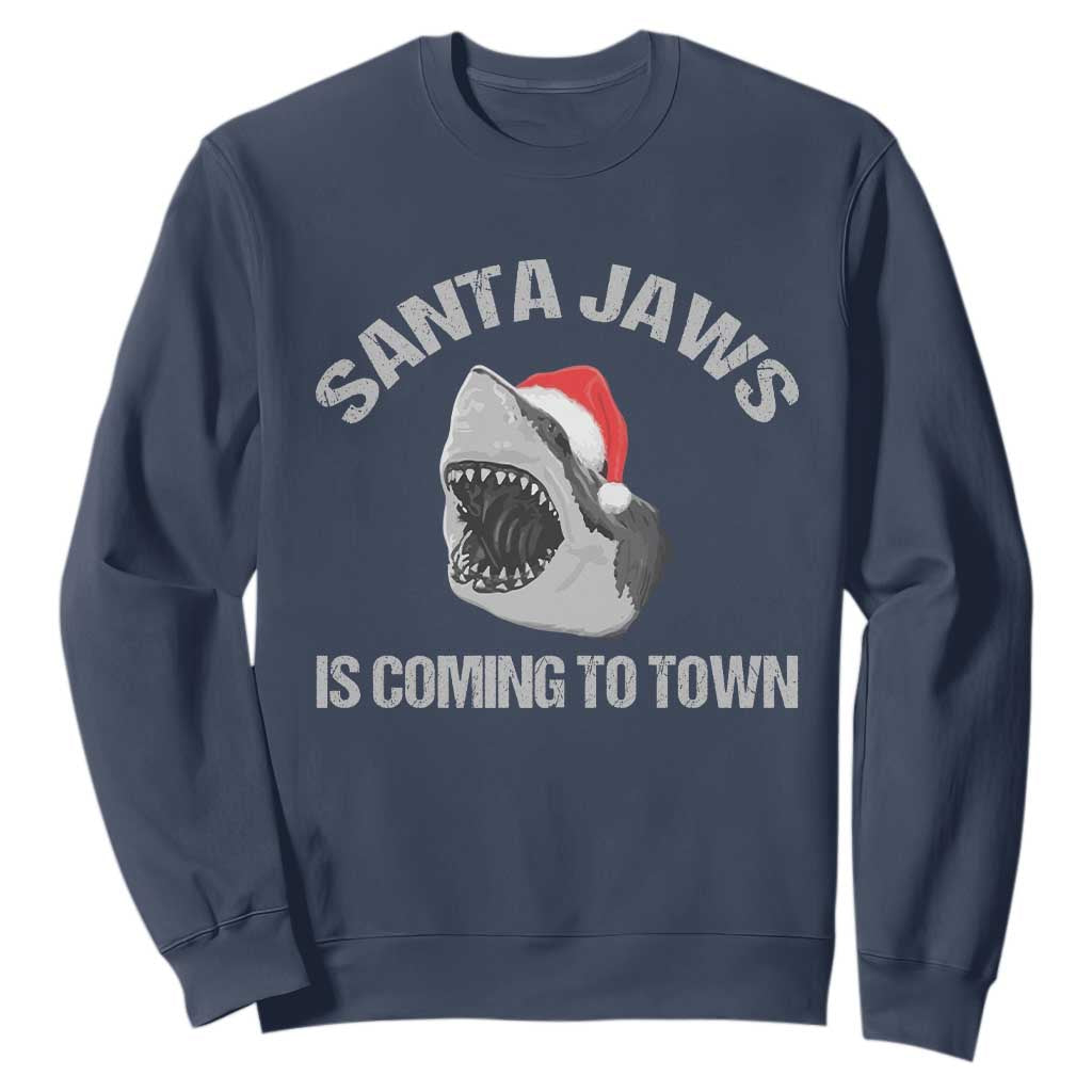 Funny Shark Christmas Sweatshirt Santa Jaws Is Coming Town TS10 Navy Print Your Wear