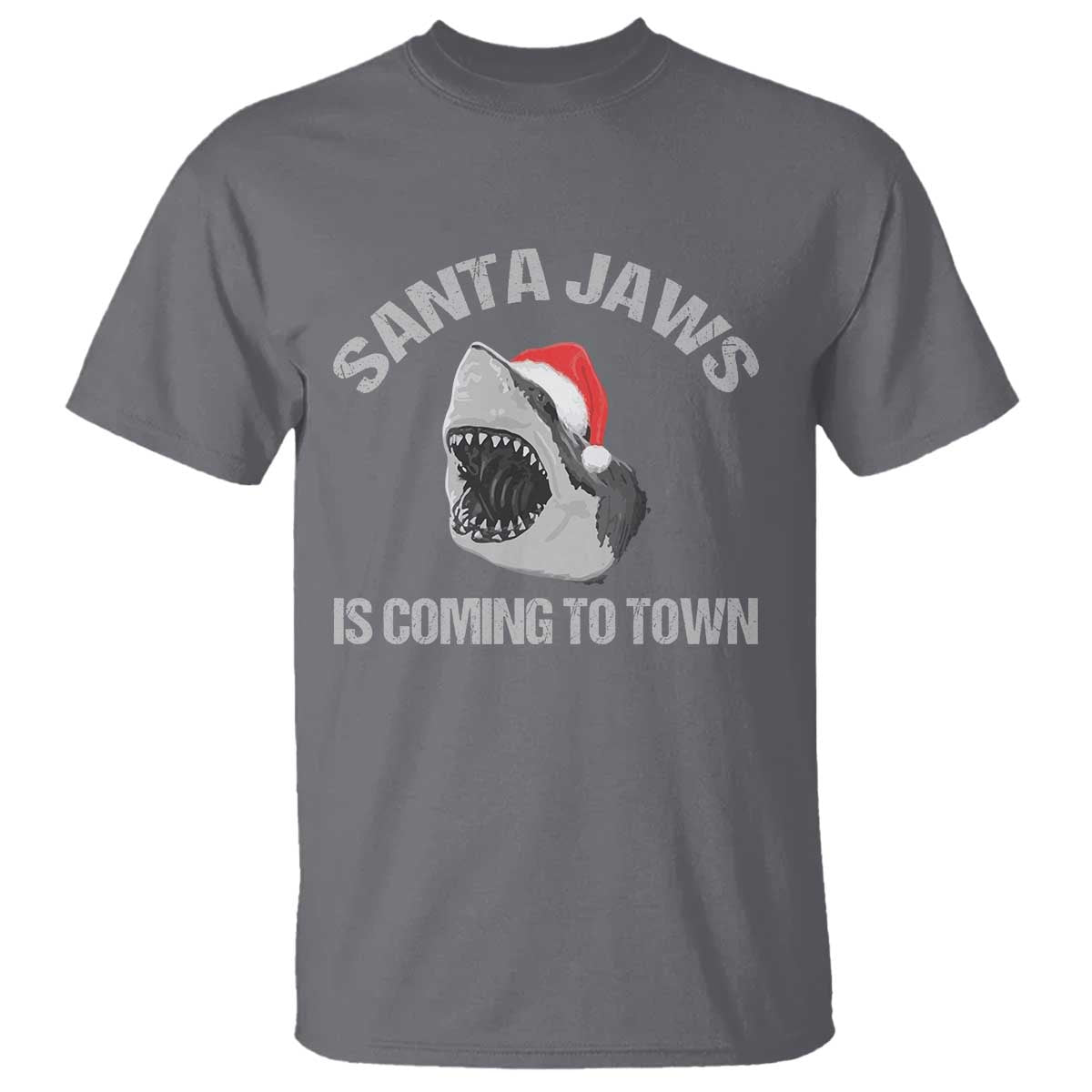 Funny Shark Christmas T Shirt Santa Jaws Is Coming Town TS10 Charcoal Print Your Wear