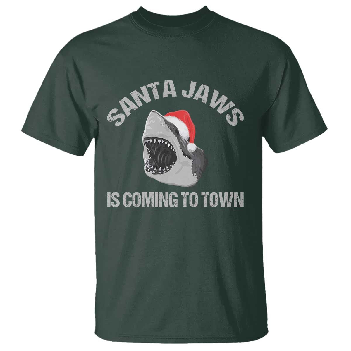 Funny Shark Christmas T Shirt Santa Jaws Is Coming Town TS10 Dark Forest Green Print Your Wear