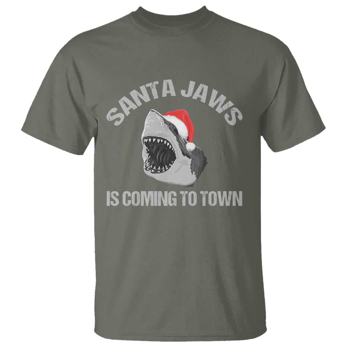 Funny Shark Christmas T Shirt Santa Jaws Is Coming Town TS10 Military Green Print Your Wear