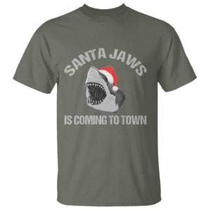 Funny Shark Christmas T Shirt Santa Jaws Is Coming Town TS10 Military Green Print Your Wear