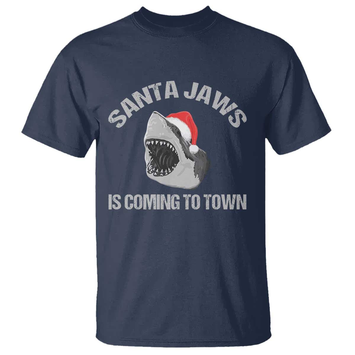 Funny Shark Christmas T Shirt Santa Jaws Is Coming Town TS10 Navy Print Your Wear