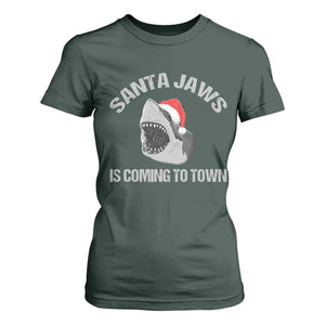 Funny Shark Christmas T Shirt For Women Santa Jaws Is Coming Town TS10 Dark Forest Green Print Your Wear