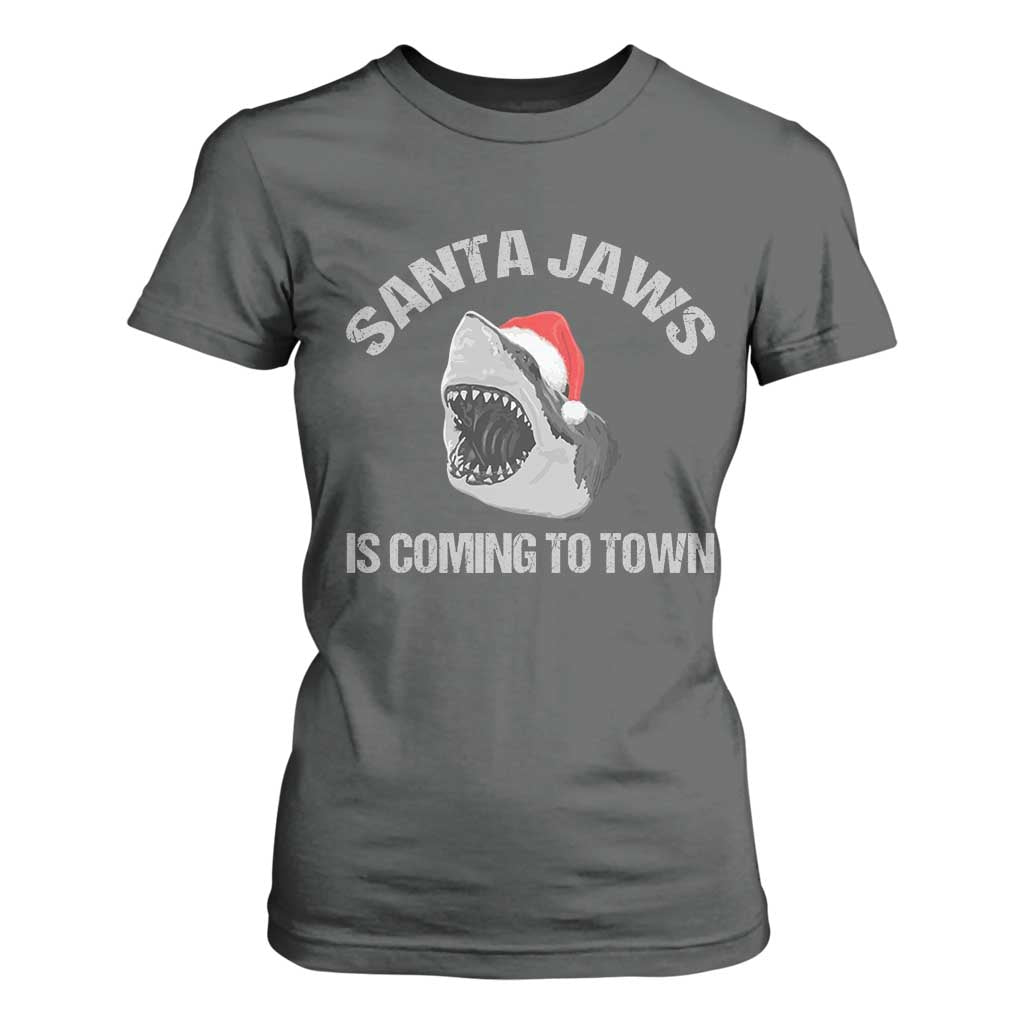 Funny Shark Christmas T Shirt For Women Santa Jaws Is Coming Town TS10 Dark Heather Print Your Wear