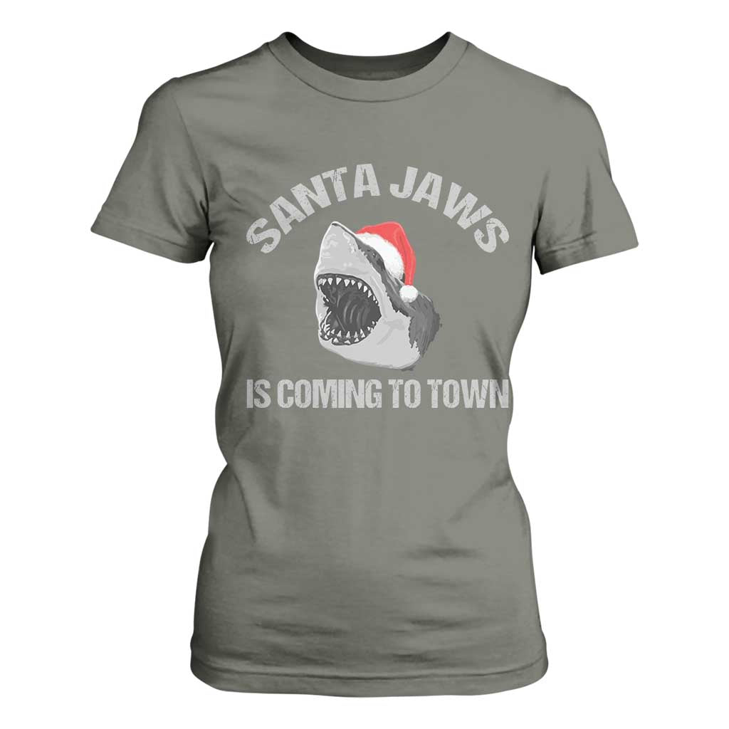 Funny Shark Christmas T Shirt For Women Santa Jaws Is Coming Town TS10 Military Green Print Your Wear