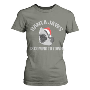 Funny Shark Christmas T Shirt For Women Santa Jaws Is Coming Town TS10 Military Green Print Your Wear