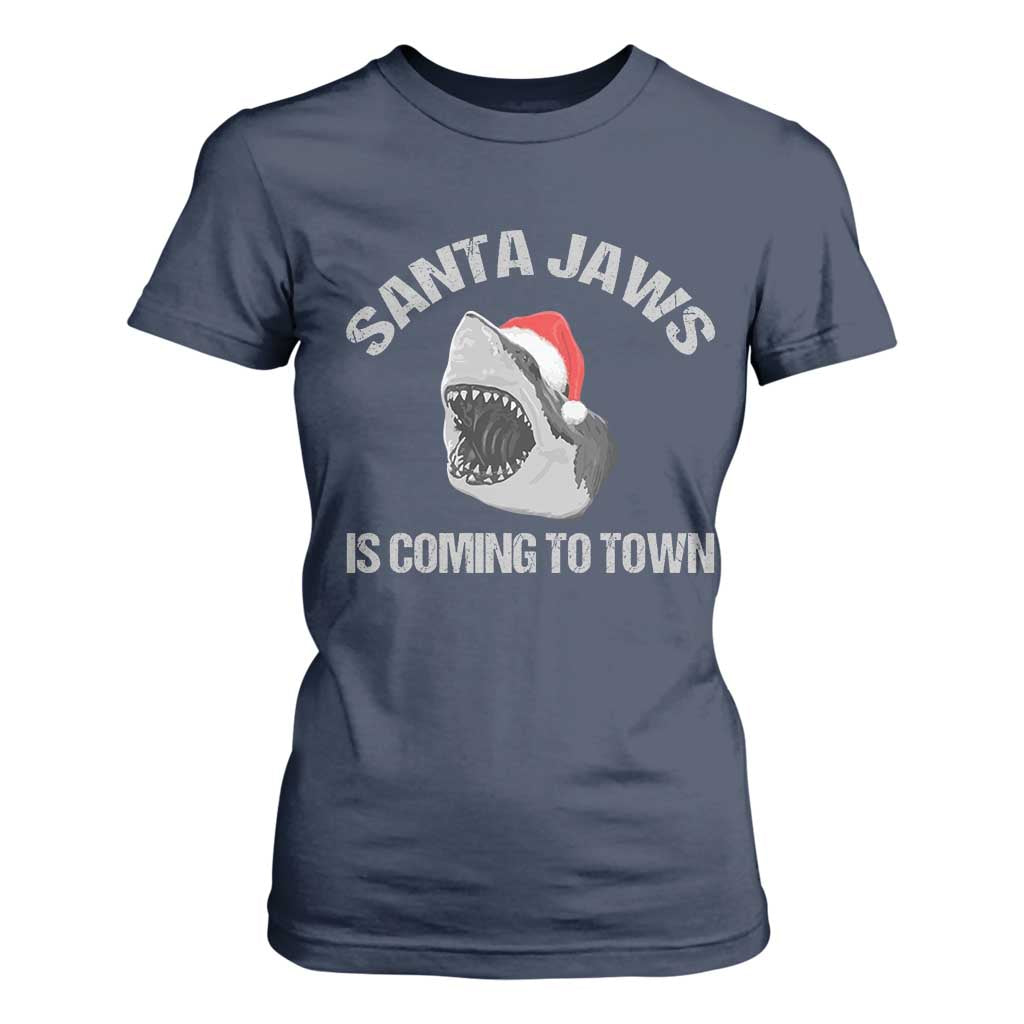 Funny Shark Christmas T Shirt For Women Santa Jaws Is Coming Town TS10 Navy Print Your Wear