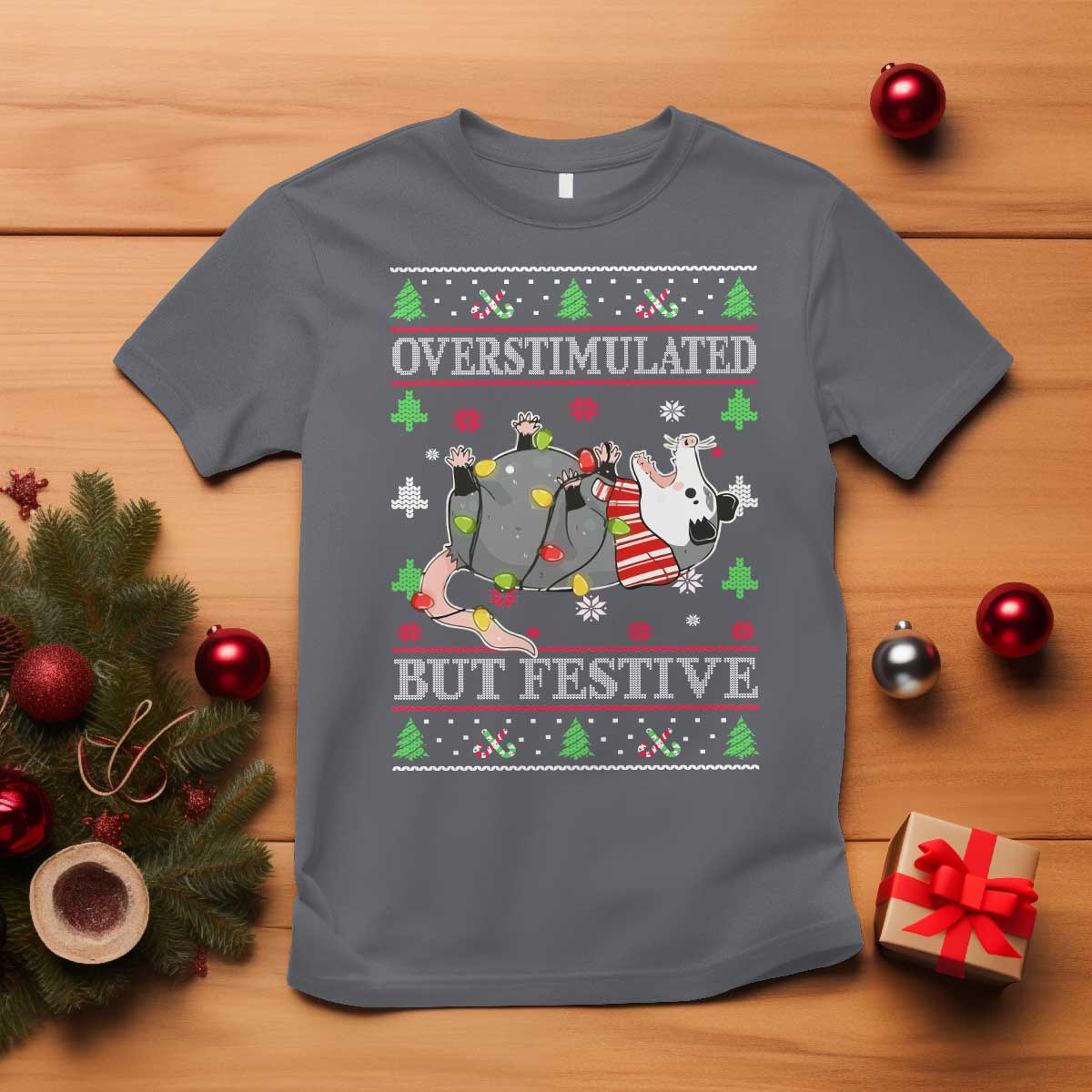 Possum Christmas T Shirt Overstimulated But Festive Ugly Christmas TS10 Charcoal Print Your Wear