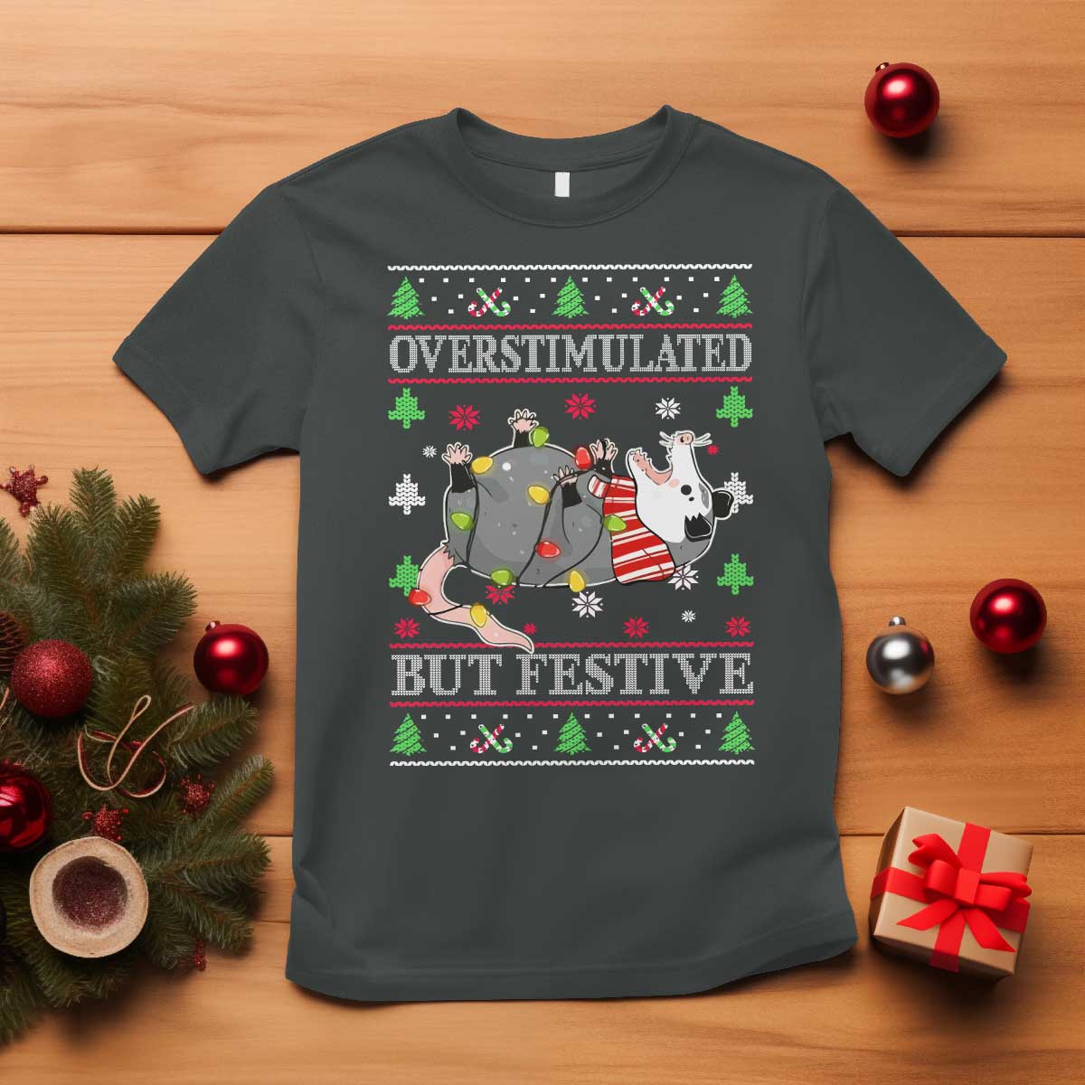 Possum Christmas T Shirt Overstimulated But Festive Ugly Christmas TS10 Dark Heather Print Your Wear