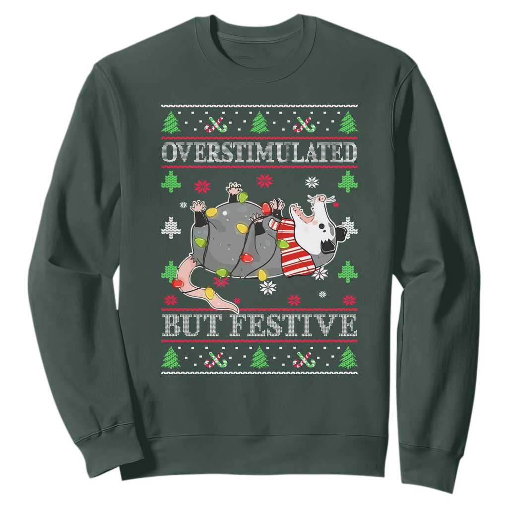 Possum Christmas Sweatshirt Overstimulated But Festive Ugly Christmas TS10 Dark Forest Green Print Your Wear