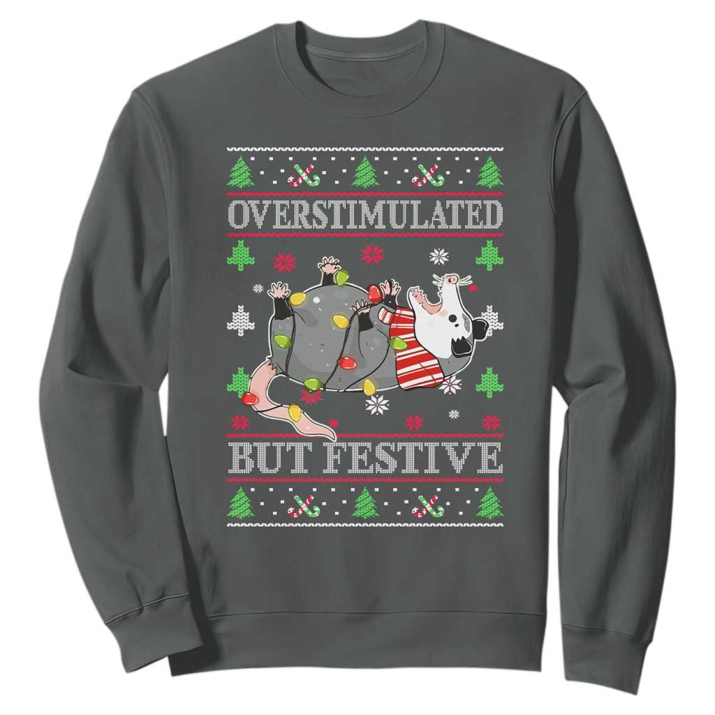 Possum Christmas Sweatshirt Overstimulated But Festive Ugly Christmas TS10 Dark Heather Print Your Wear