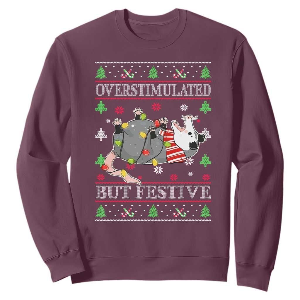 Possum Christmas Sweatshirt Overstimulated But Festive Ugly Christmas TS10 Maroon Print Your Wear