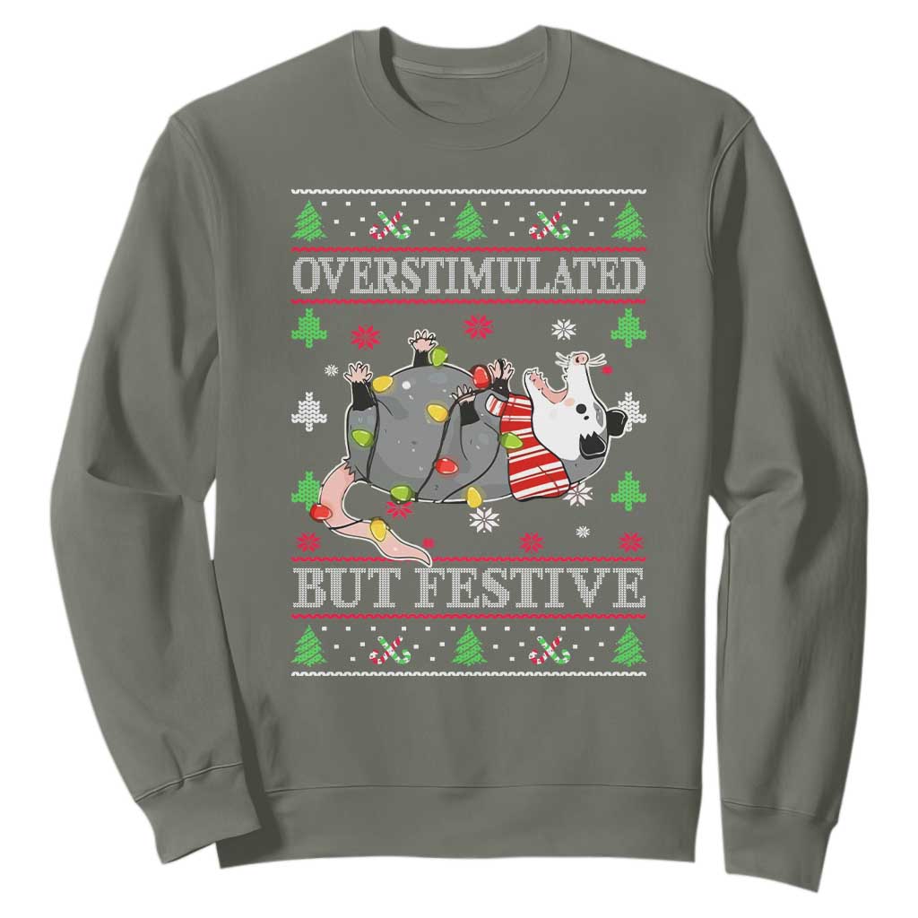 Possum Christmas Sweatshirt Overstimulated But Festive Ugly Christmas TS10 Military Green Print Your Wear