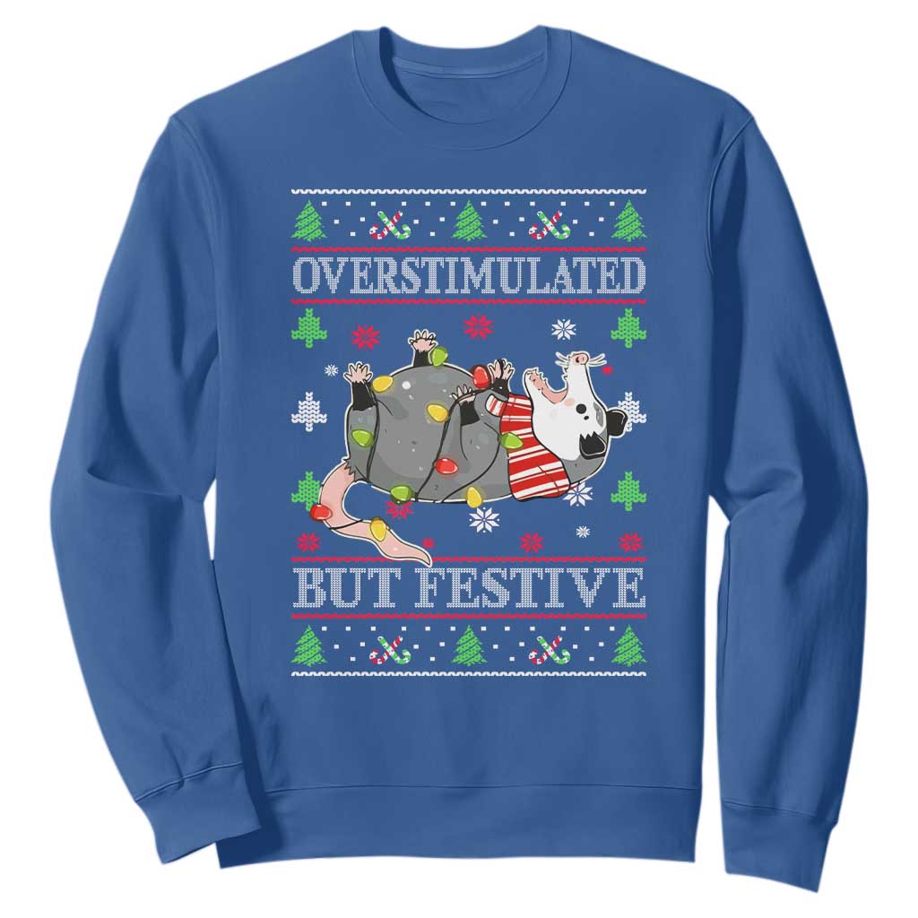 Possum Christmas Sweatshirt Overstimulated But Festive Ugly Christmas TS10 Royal Blue Print Your Wear