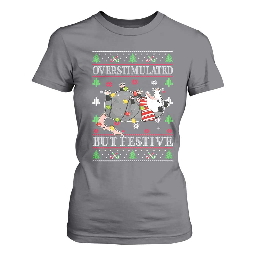 Possum Christmas T Shirt For Women Overstimulated But Festive Ugly Christmas TS10 Charcoal Print Your Wear