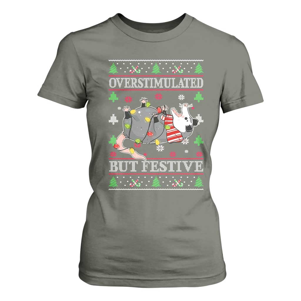 Possum Christmas T Shirt For Women Overstimulated But Festive Ugly Christmas TS10 Military Green Print Your Wear