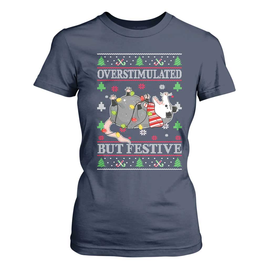 Possum Christmas T Shirt For Women Overstimulated But Festive Ugly Christmas TS10 Navy Print Your Wear