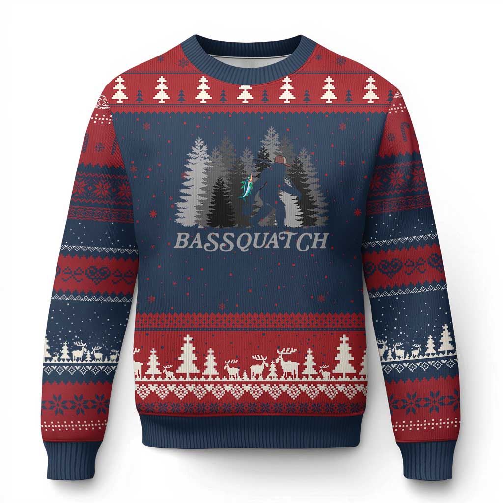 Funny Bigfoot Fishing Ugly Christmas Sweater Bassquatch Sasquatch In The Forest Yeti TS10 Navy Red Print Your Wear