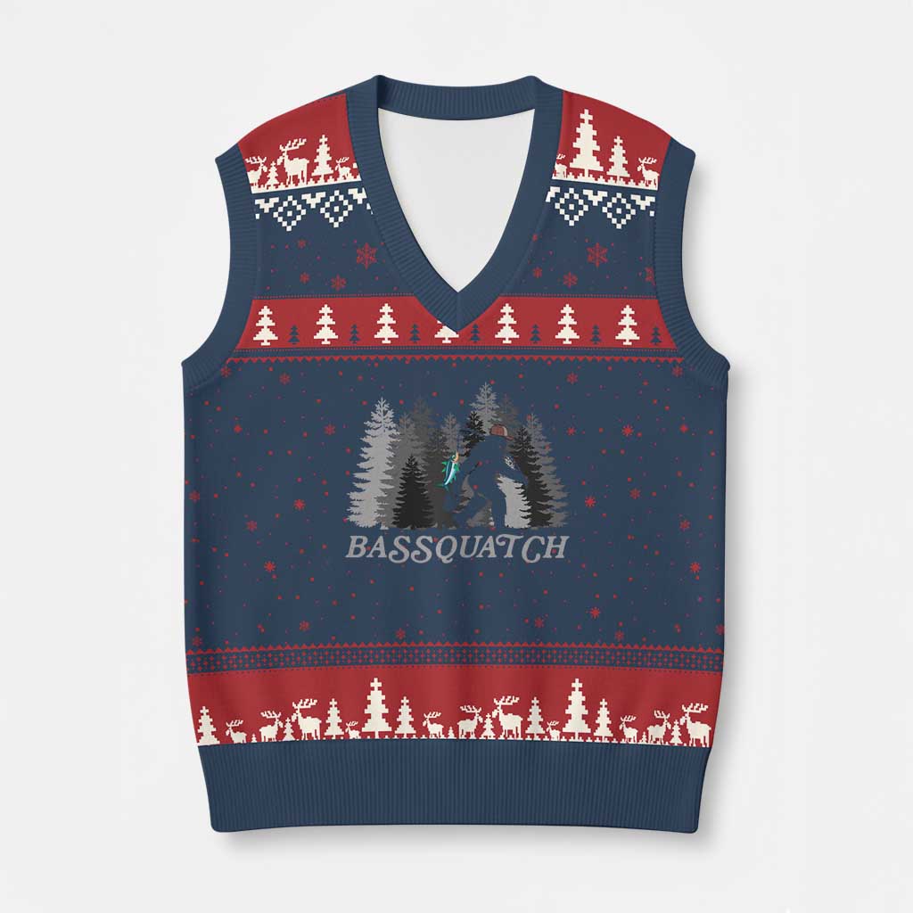 Funny Bigfoot Fishing V-Neck Knit Sweater Vest Bassquatch Sasquatch In The Forest Yeti TS10 Navy Red Print Your Wear
