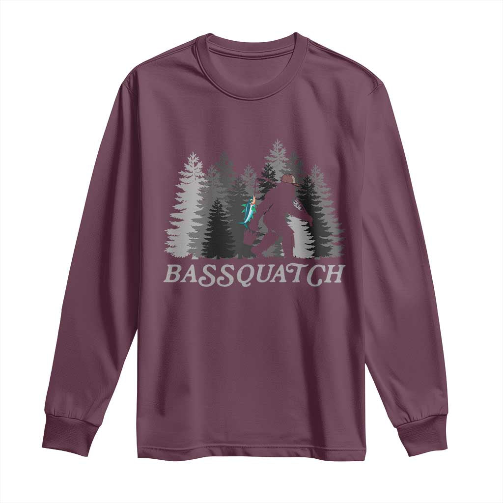 Funny Bigfoot Fishing Long Sleeve Shirt Bassquatch Sasquatch In The Forest Yeti TS10 Maroon Print Your Wear