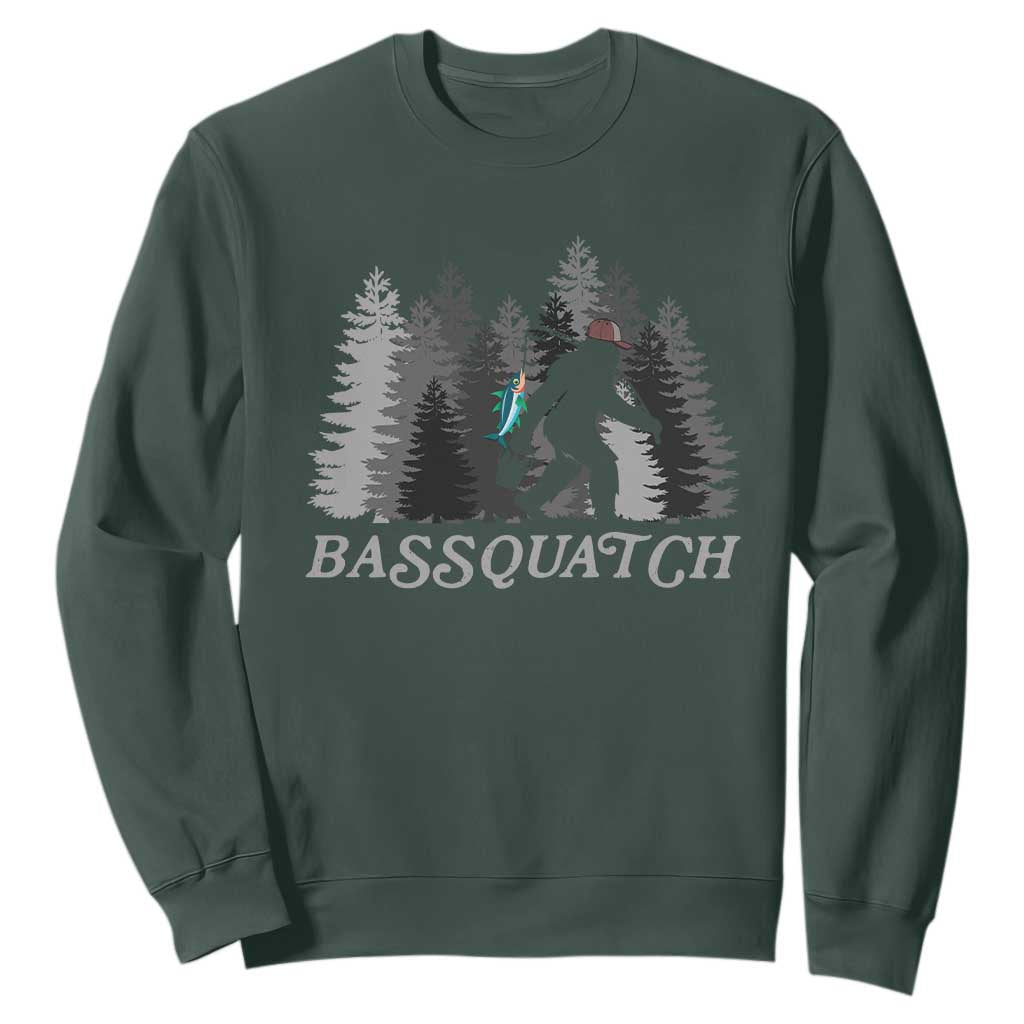 Funny Bigfoot Fishing Sweatshirt Bassquatch Sasquatch In The Forest Yeti TS10 Dark Forest Green Print Your Wear