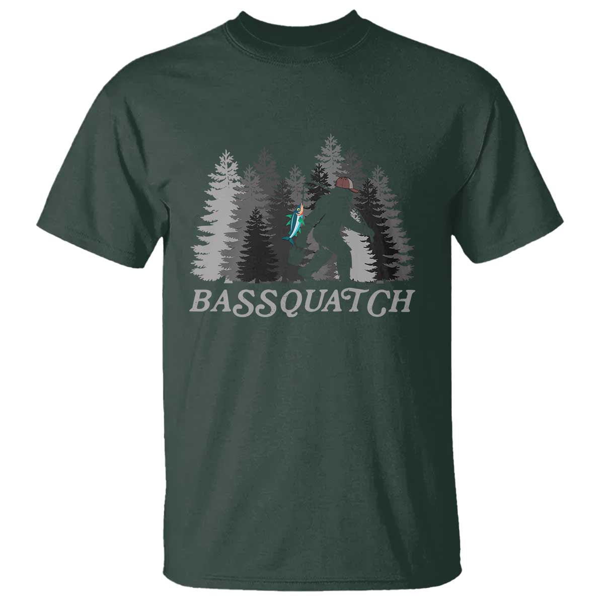 Funny Bigfoot Fishing T Shirt Bassquatch Sasquatch In The Forest Yeti TS10 Dark Forest Green Print Your Wear