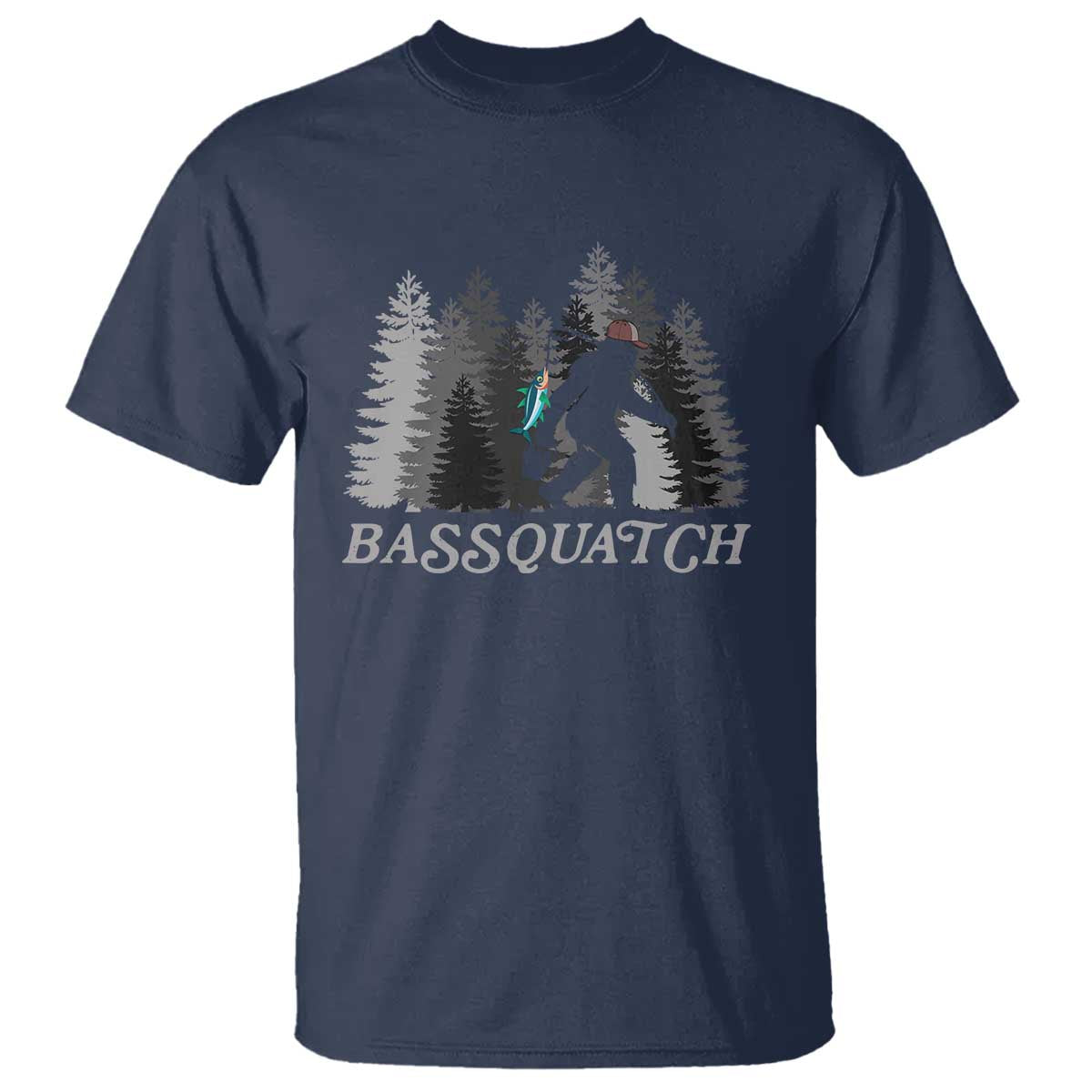 Funny Bigfoot Fishing T Shirt Bassquatch Sasquatch In The Forest Yeti TS10 Navy Print Your Wear