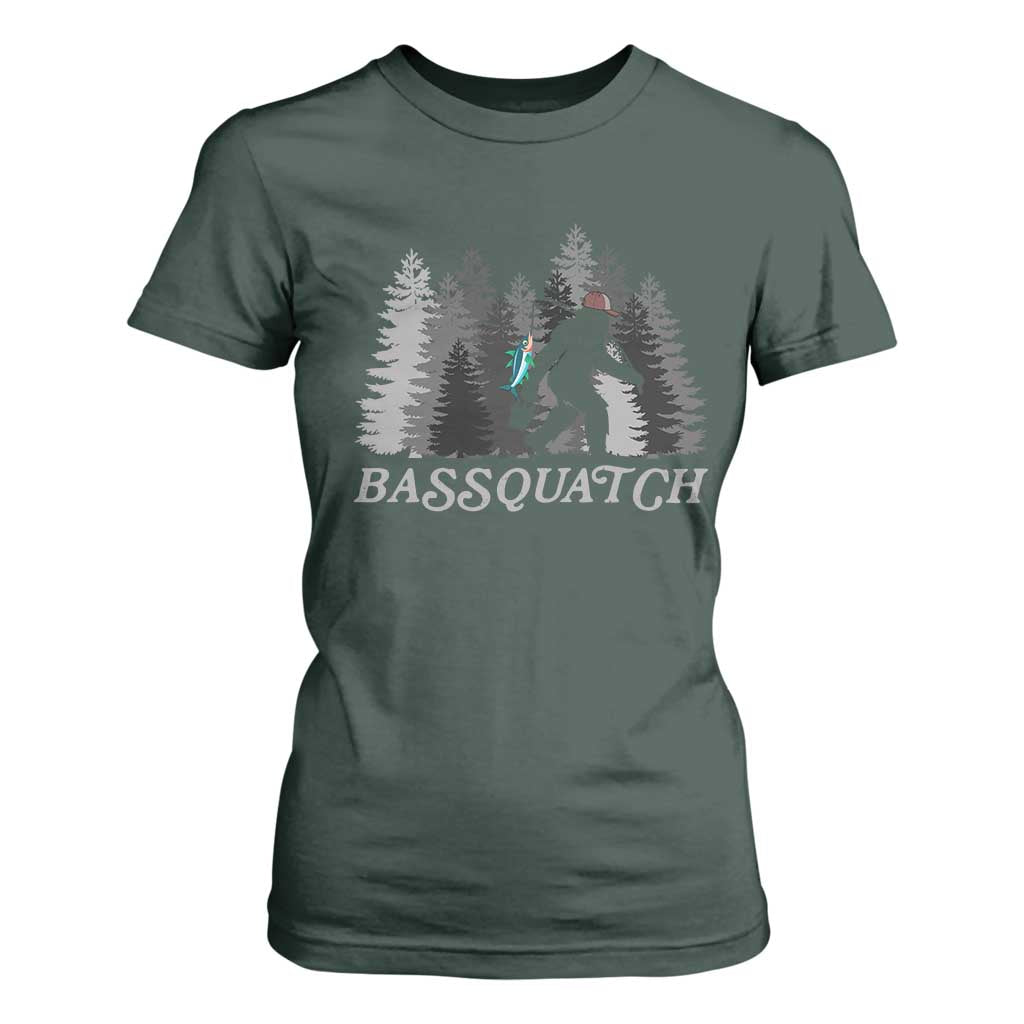 Funny Bigfoot Fishing T Shirt For Women Bassquatch Sasquatch In The Forest Yeti TS10 Dark Forest Green Print Your Wear