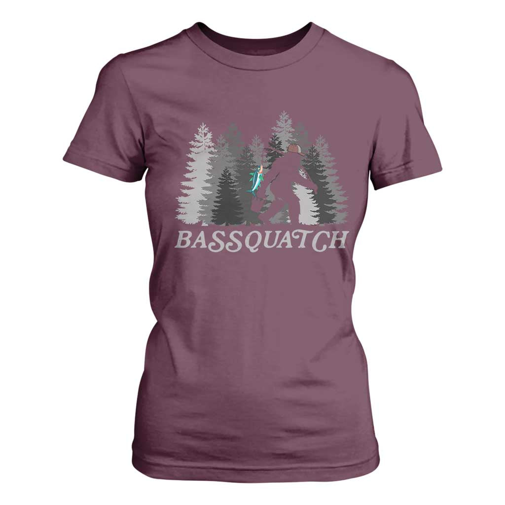 Funny Bigfoot Fishing T Shirt For Women Bassquatch Sasquatch In The Forest Yeti TS10 Maroon Print Your Wear
