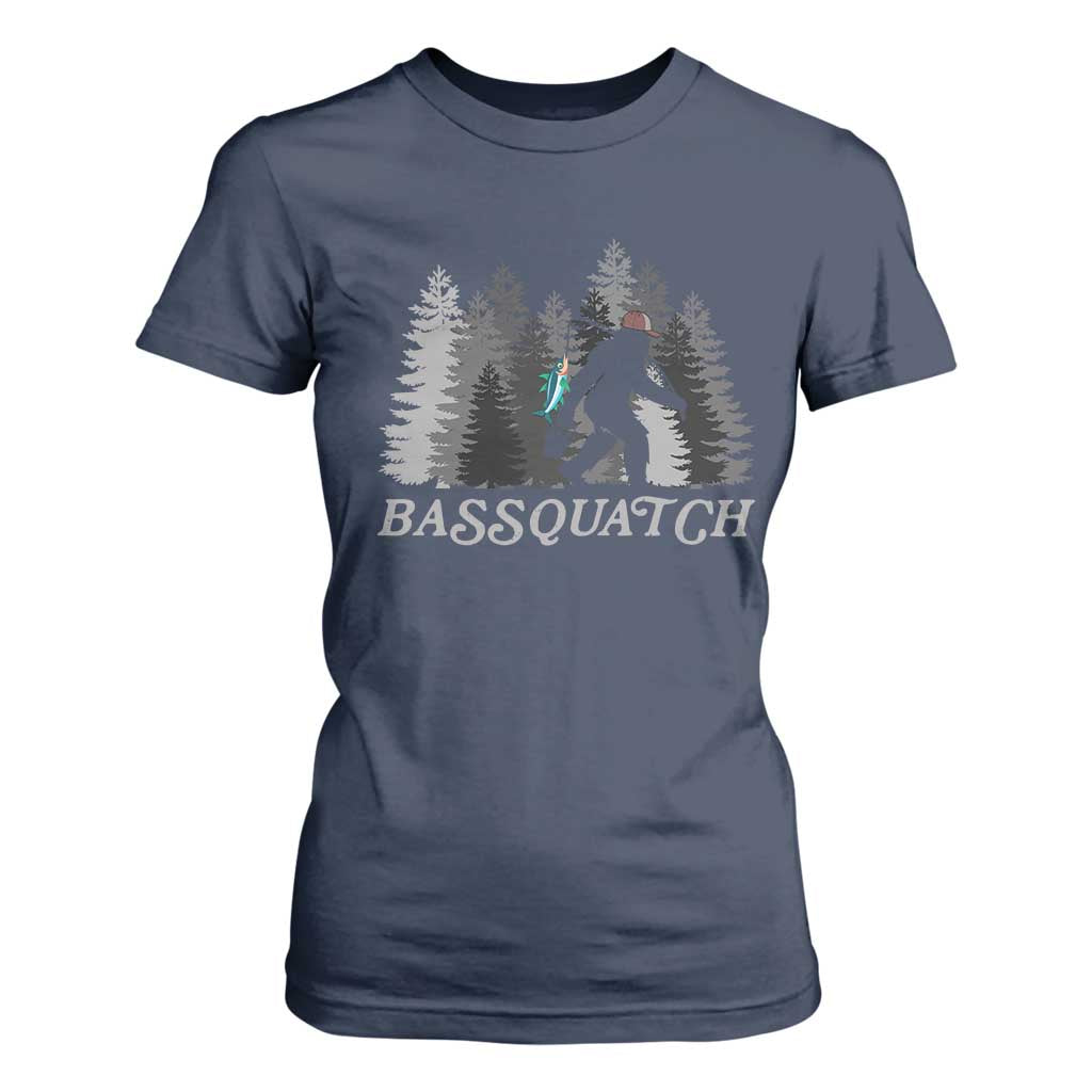 Funny Bigfoot Fishing T Shirt For Women Bassquatch Sasquatch In The Forest Yeti TS10 Navy Print Your Wear