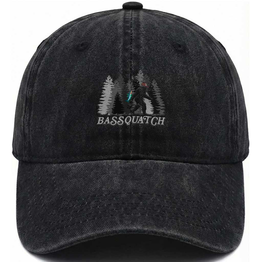 Funny Bigfoot Fishing Washed Cotton Baseball Cap Bassquatch Sasquatch In The Forest Yeti