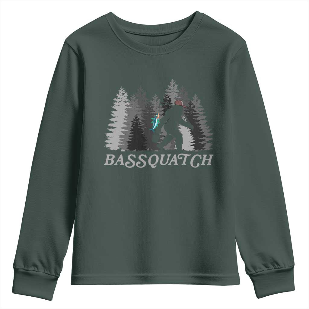 Funny Bigfoot Fishing Youth Sweatshirt Bassquatch Sasquatch In The Forest Yeti TS10 Dark Forest Green Print Your Wear