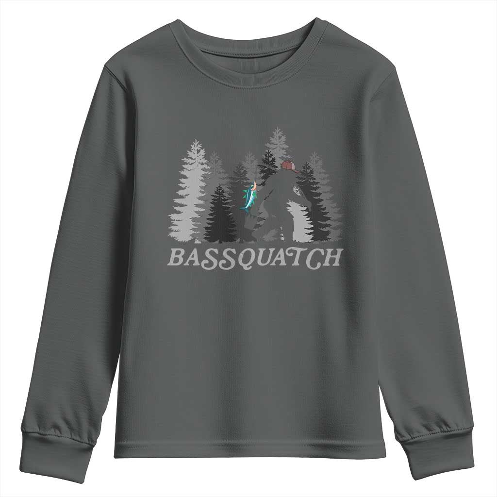 Funny Bigfoot Fishing Youth Sweatshirt Bassquatch Sasquatch In The Forest Yeti TS10 Dark Heather Print Your Wear