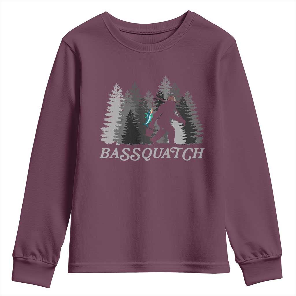 Funny Bigfoot Fishing Youth Sweatshirt Bassquatch Sasquatch In The Forest Yeti TS10 Maroon Print Your Wear
