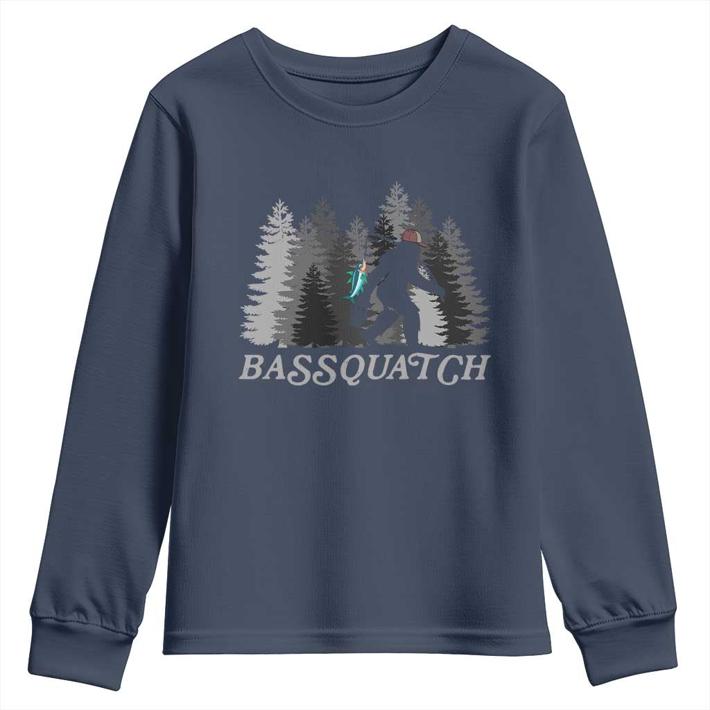 Funny Bigfoot Fishing Youth Sweatshirt Bassquatch Sasquatch In The Forest Yeti TS10 Navy Print Your Wear