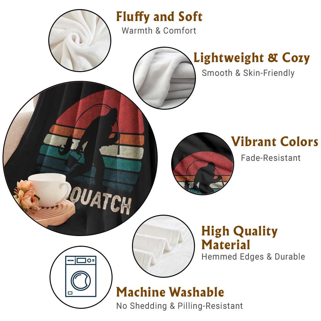 Retro Bigfoot Fishing Throw Blanket Funny Retro Sasquatch Bassquatch Fisherman TS10 Print Your Wear