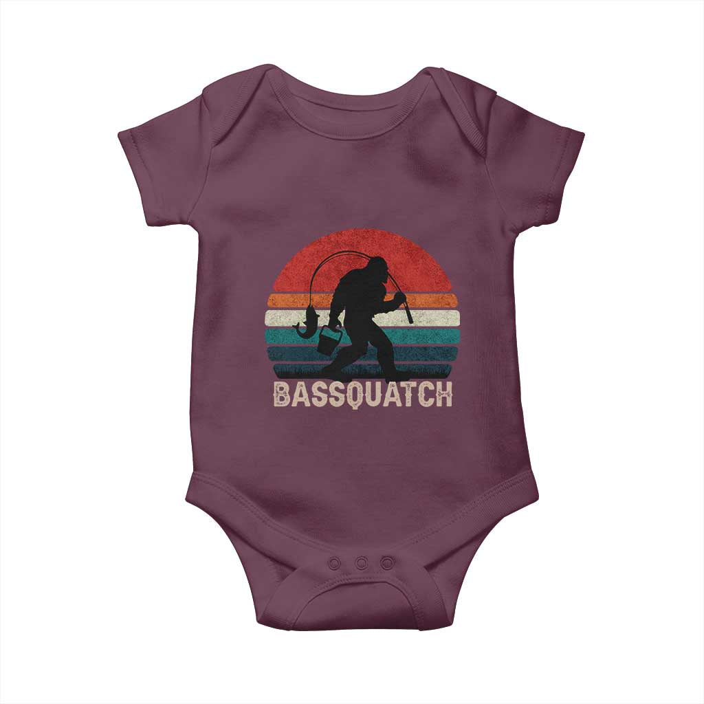 Retro Bigfoot Fishing Baby Onesie Funny Retro Sasquatch Bassquatch Fisherman TS10 Maroon Print Your Wear