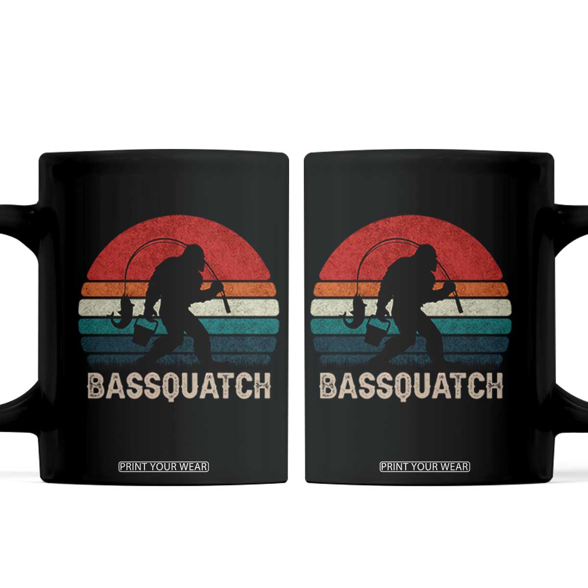 Retro Bigfoot Fishing Coffee Mug Funny Retro Sasquatch Bassquatch Fisherman TS10 Black Print Your Wear