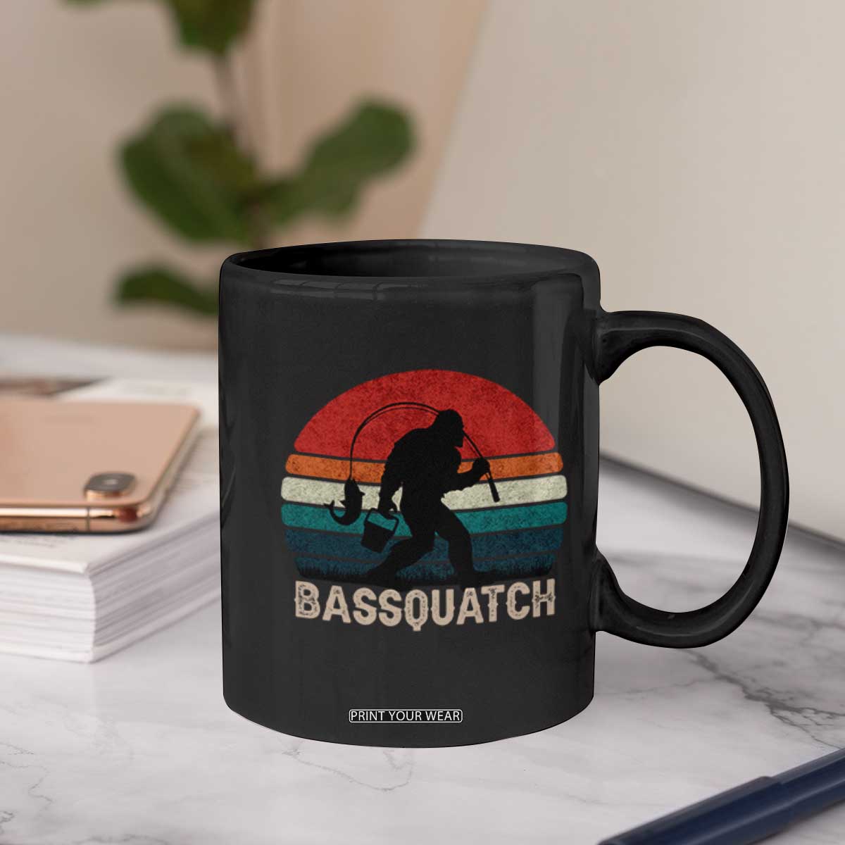 Retro Bigfoot Fishing Coffee Mug Funny Retro Sasquatch Bassquatch Fisherman TS10 Print Your Wear