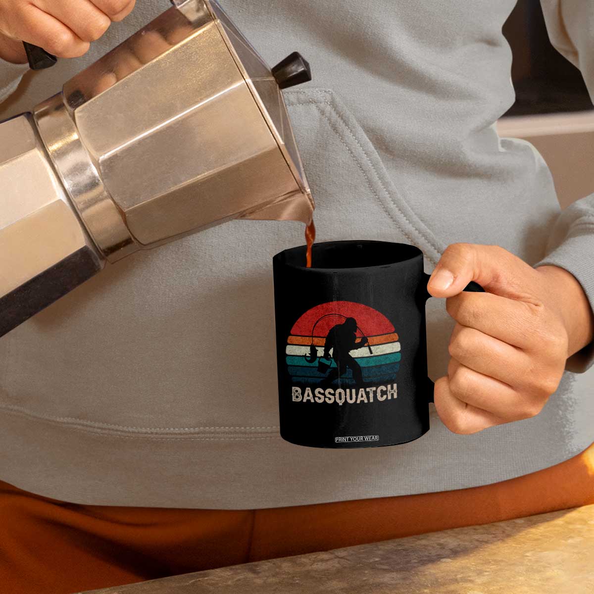 Retro Bigfoot Fishing Coffee Mug Funny Retro Sasquatch Bassquatch Fisherman TS10 Print Your Wear