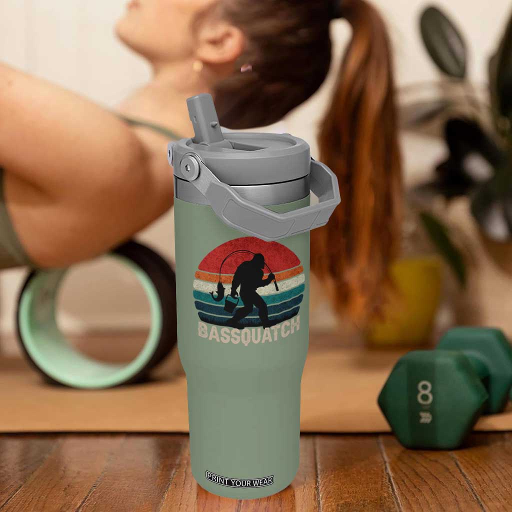 Retro Bigfoot Fishing Flip Straw Tumbler Funny Retro Sasquatch Bassquatch Fisherman TS10 One Size: 30 oz Moss Green Print Your Wear