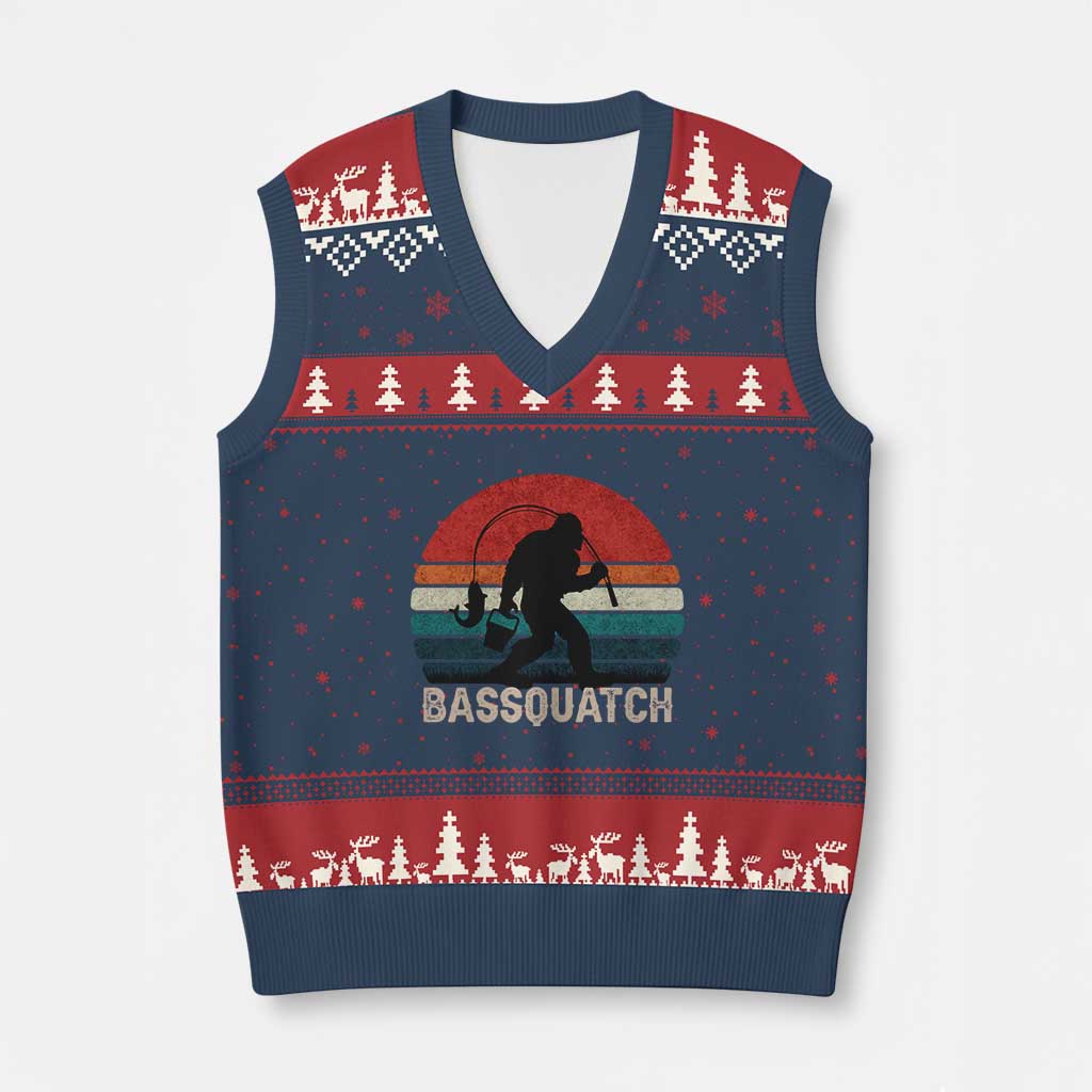 Retro Bigfoot Fishing V-Neck Knit Sweater Vest Funny Retro Sasquatch Bassquatch Fisherman TS10 Navy Red Print Your Wear