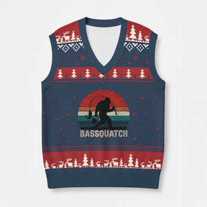 Retro Bigfoot Fishing V-Neck Knit Sweater Vest Funny Retro Sasquatch Bassquatch Fisherman TS10 Navy Red Print Your Wear