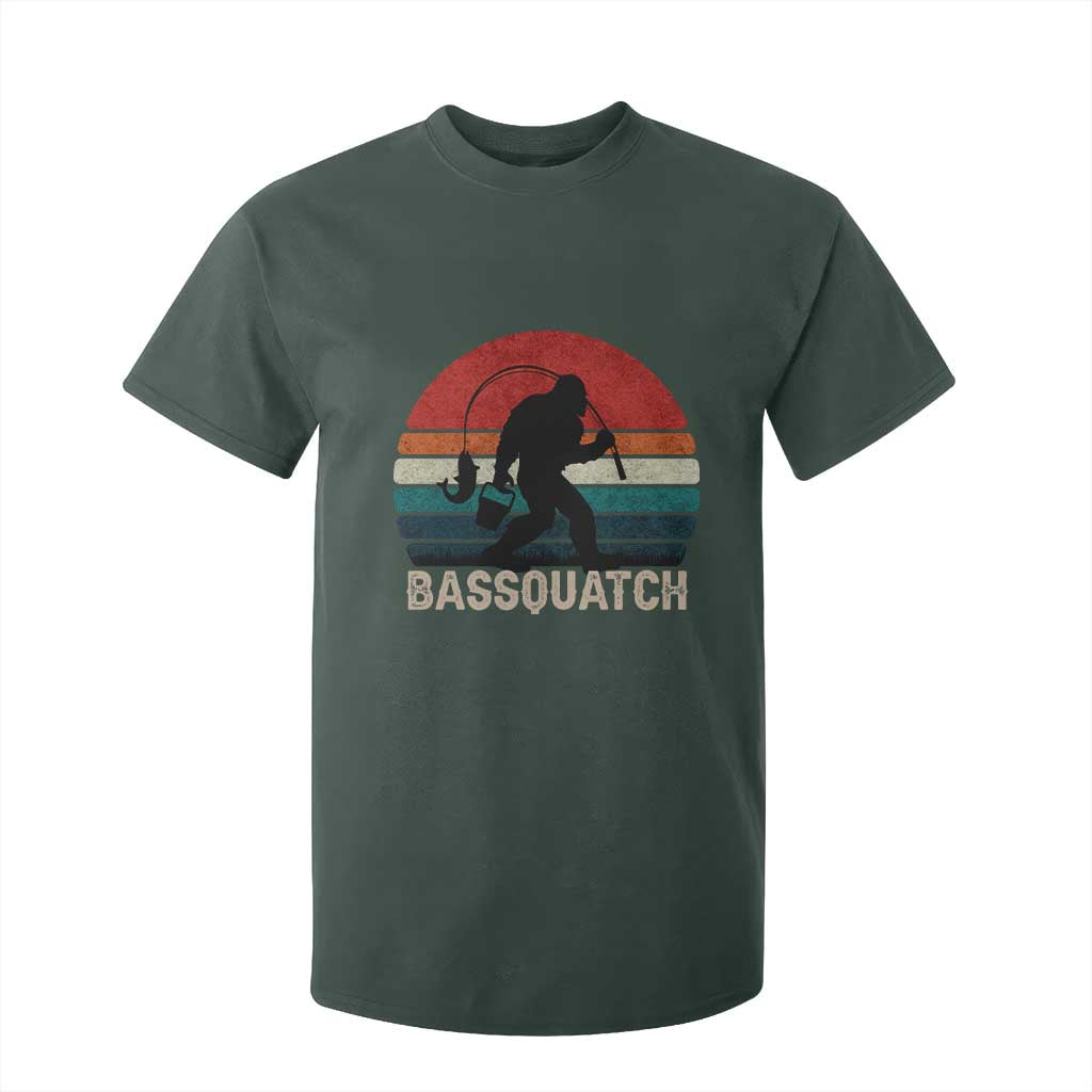 Retro Bigfoot Fishing T Shirt For Kid Funny Retro Sasquatch Bassquatch Fisherman TS10 Dark Forest Green Print Your Wear