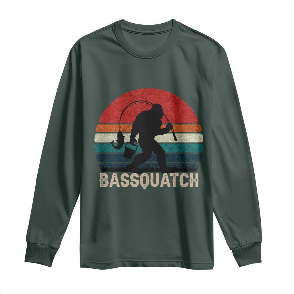 Retro Bigfoot Fishing Long Sleeve Shirt Funny Retro Sasquatch Bassquatch Fisherman TS10 Dark Forest Green Print Your Wear