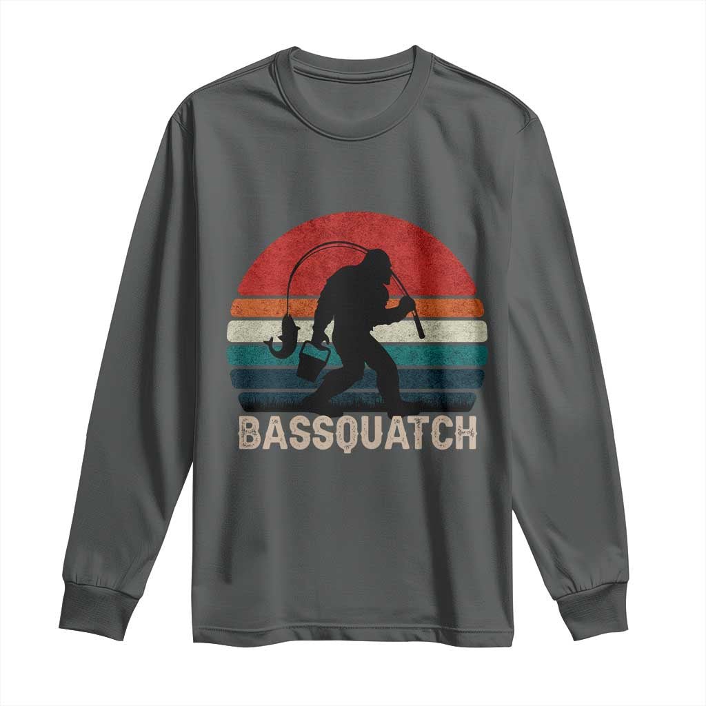 Retro Bigfoot Fishing Long Sleeve Shirt Funny Retro Sasquatch Bassquatch Fisherman TS10 Dark Heather Print Your Wear